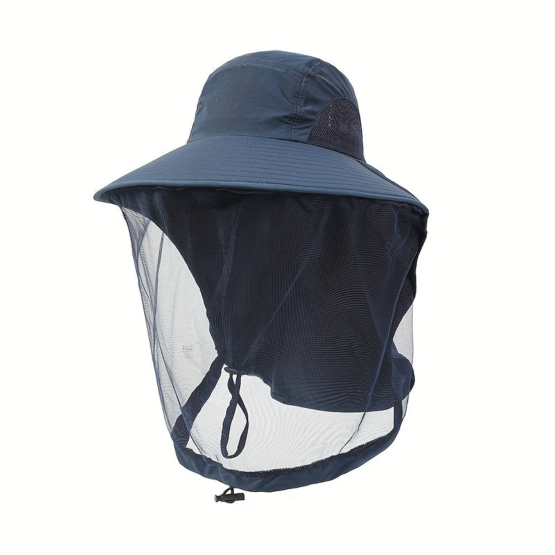 Unisex Outdoor Mesh Hat & Integrated Face Mask - Breathable Fishing Hat With Adjustable Chin Strap, Wide Brim For Camping, Hiking, Black, Camping Accessories
