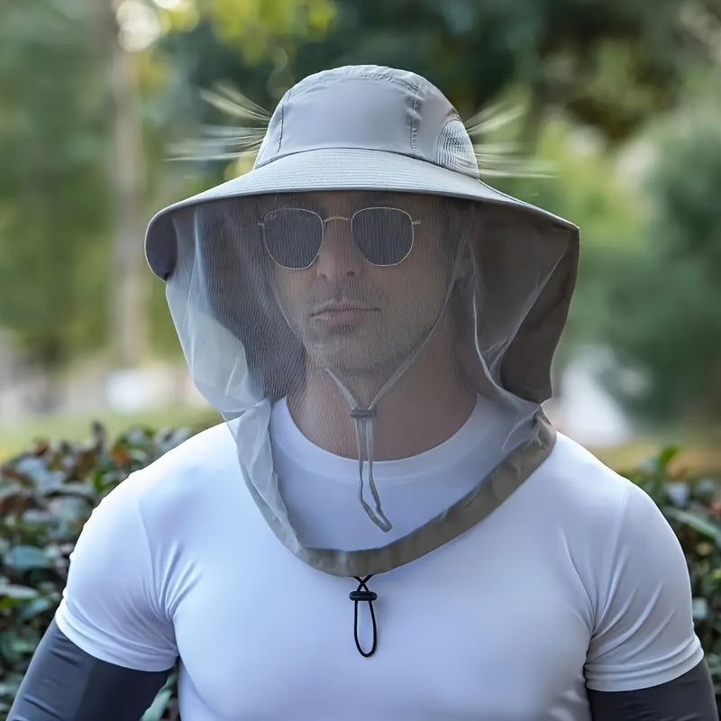 Unisex Outdoor Mesh Hat & Integrated Face Mask - Breathable Fishing Hat With Adjustable Chin Strap, Wide Brim For Camping, Hiking, Black, Camping Accessories