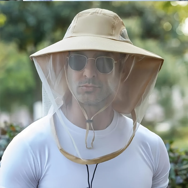 Unisex Outdoor Mesh Hat & Integrated Face Mask - Breathable Fishing Hat With Adjustable Chin Strap, Wide Brim For Camping, Hiking, Black, Camping Accessories