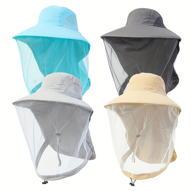 Unisex Outdoor Mesh Hat & Integrated Face Mask - Breathable Fishing Hat With Adjustable Chin Strap, Wide Brim For Camping, Hiking, Black, Camping Accessories