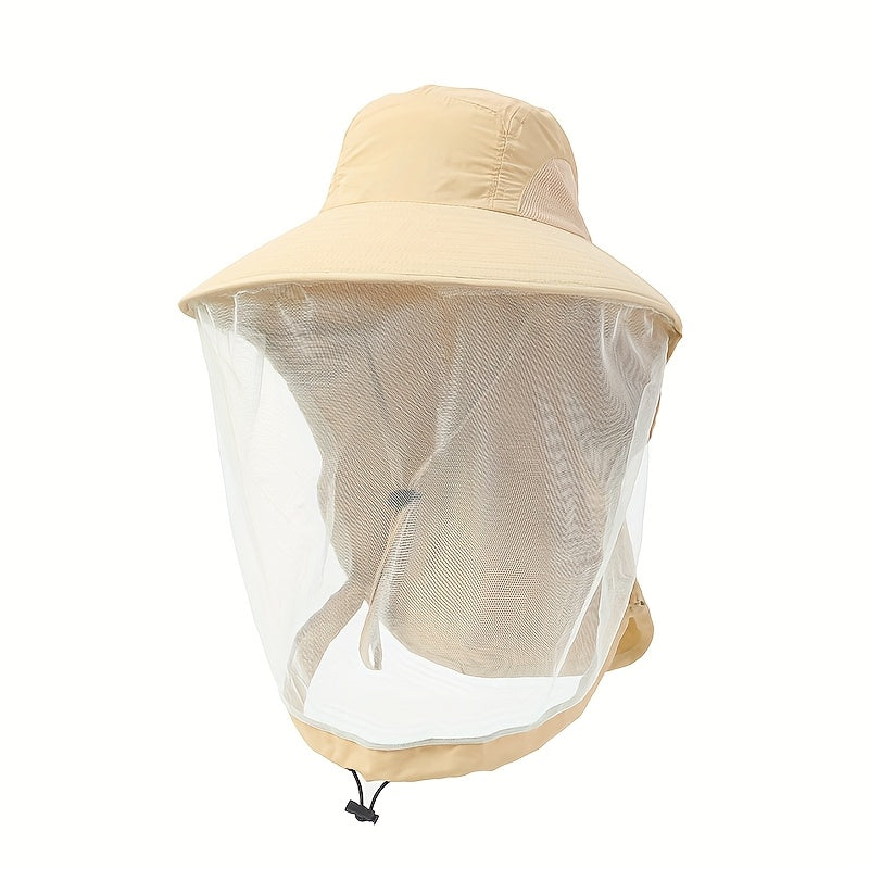 Unisex Outdoor Mesh Hat & Integrated Face Mask - Breathable Fishing Hat With Adjustable Chin Strap, Wide Brim For Camping, Hiking, Black, Camping Accessories