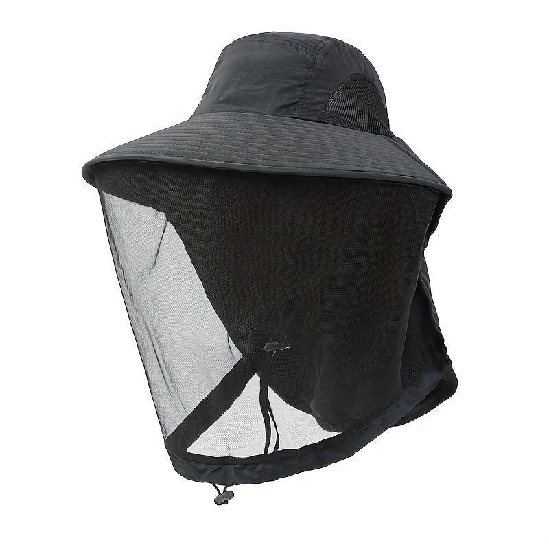 Unisex Outdoor Mesh Hat & Integrated Face Mask - Breathable Fishing Hat With Adjustable Chin Strap, Wide Brim For Camping, Hiking, Black, Camping Accessories