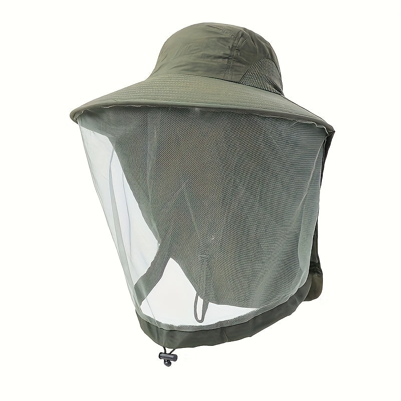Unisex Outdoor Mesh Hat & Integrated Face Mask - Breathable Fishing Hat With Adjustable Chin Strap, Wide Brim For Camping, Hiking, Black, Camping Accessories
