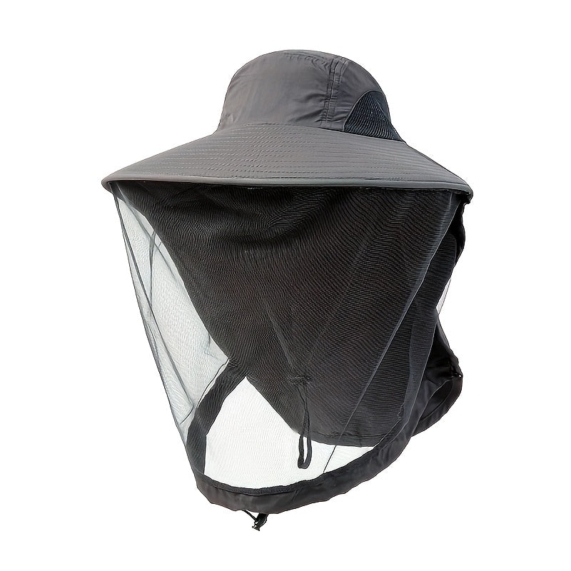 Unisex Outdoor Mesh Hat & Integrated Face Mask - Breathable Fishing Hat With Adjustable Chin Strap, Wide Brim For Camping, Hiking, Black, Camping Accessories
