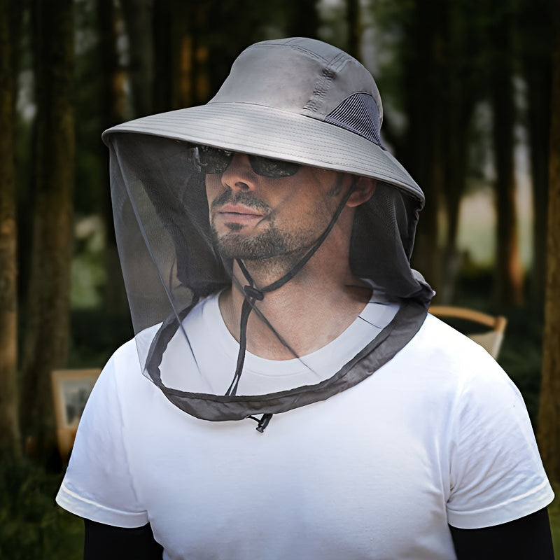 Unisex Outdoor Mesh Hat & Integrated Face Mask - Breathable Fishing Hat With Adjustable Chin Strap, Wide Brim For Camping, Hiking, Black, Camping Accessories