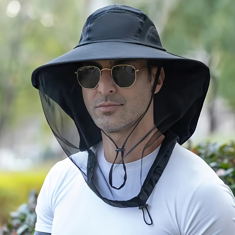 Unisex Outdoor Mesh Hat & Integrated Face Mask - Breathable Fishing Hat With Adjustable Chin Strap, Wide Brim For Camping, Hiking, Black, Camping Accessories